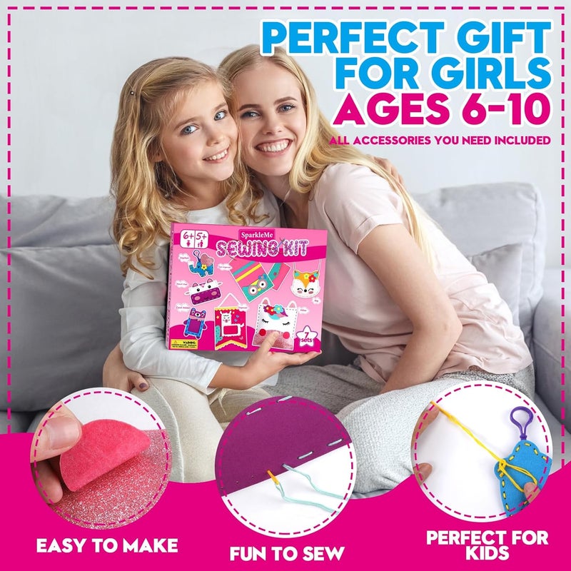 SparkleMe Sewing Craft Kit for Girls: DIY Felt Sewing Kit for Kids Ages 5-10, 7 Fun Projects with Stuffed Animals & Pillows, Learn to Sew Kit for Beginners, Ideal for Christmas & Birthday, Arts & Crafts Ideas - Image 1